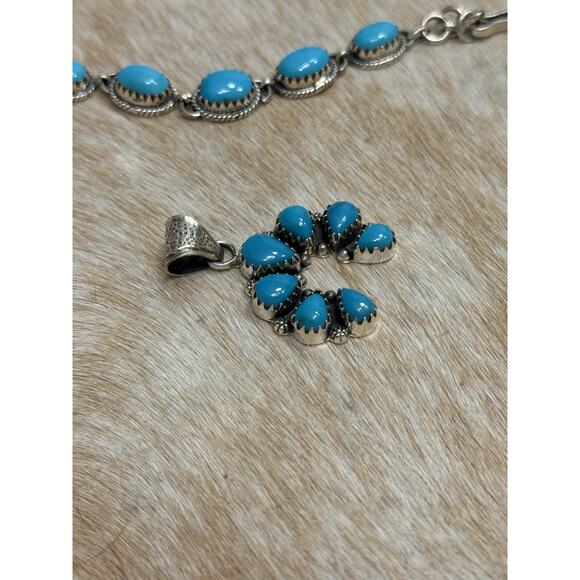 Native American SW Sterling Silver Blue Turquoise Naja Squash Blossom Pendant - Picture 3 of 8